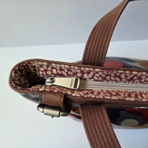 Fossil Tote Red Mod Floral Coated Canvas Keyper Bag Retro Boho Brown Leather - Picture 13 of 16